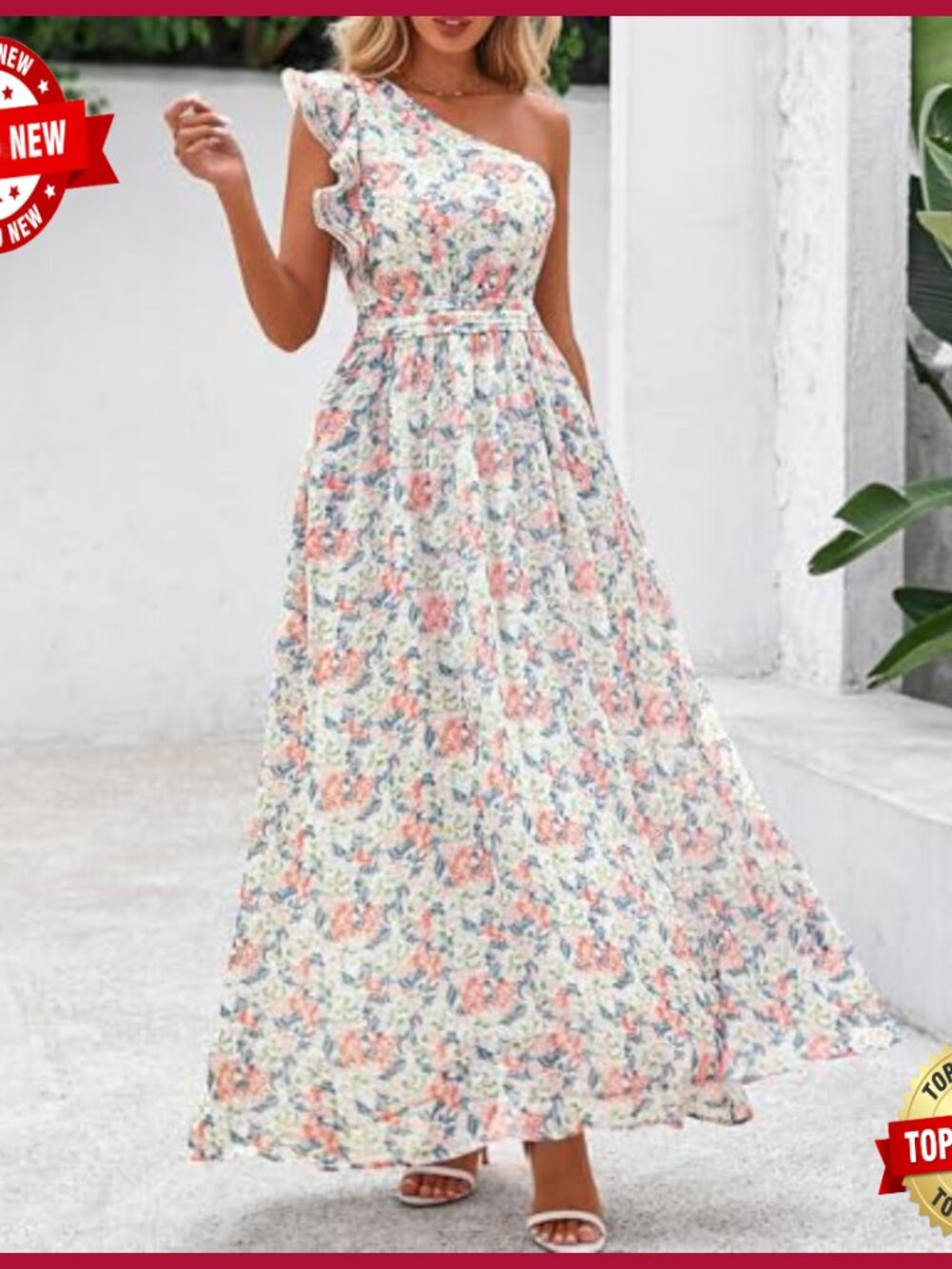 One Shoulder Floral Maxi Dress Smocked Back Ruffle Sleeveless Beach Wedding - Picture 2 of 7